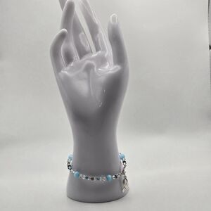 Blue Bead Sterling Silver Bracelet with Ribbon Charm